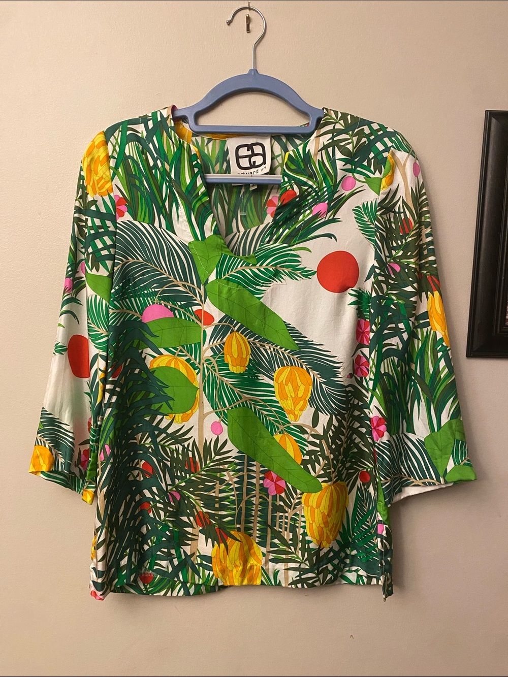 Edward An Silk Tropical Print Green and White Women's Blouse